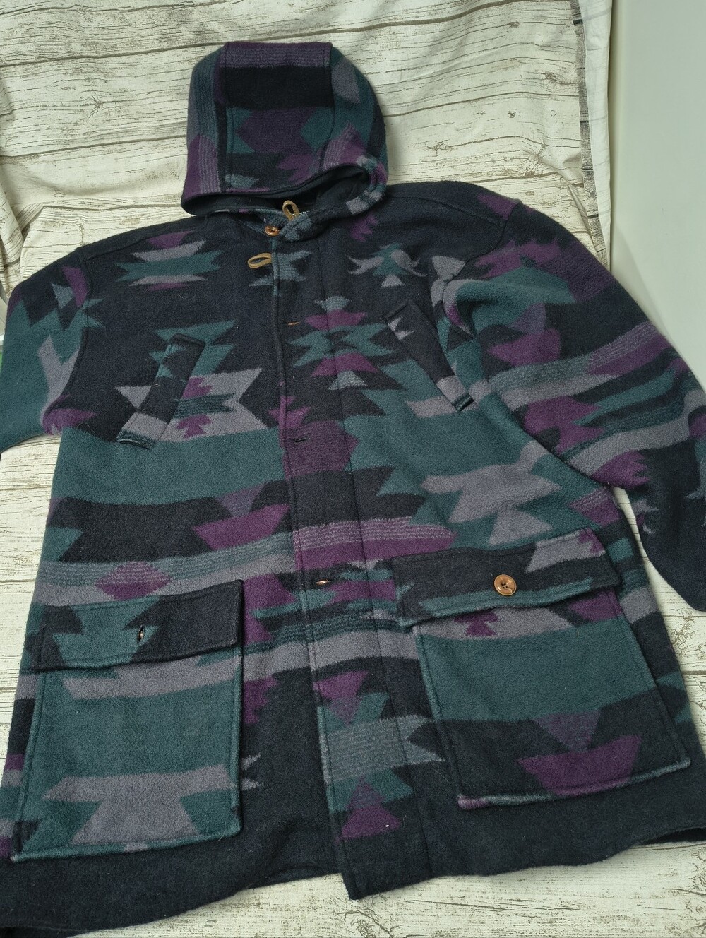 Vintage Tundra Wool Southwestern Purple And Teal Long Duster Jacket Hooded W 2xl